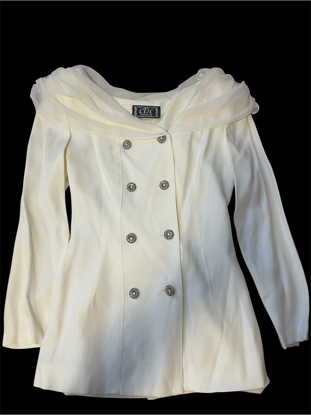 CDC Cream Double-Breasted Peplum Blouse with Sheer Collar